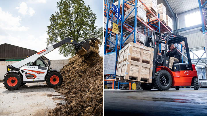 Side-by-side comparison showing Bobcat telehandler moving soil outdoors on uneven terrain (left) versus EP forklift handling pallets indoors in warehouse with racking system (right), demonstrating the different applications and capabilities of each machine type