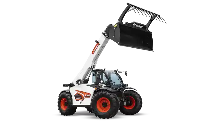 Bobcat telehandler with telescopic boom extended upward holding a bucket with grapple attachment, demonstrating reach capability and lifting height on white background