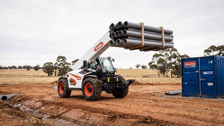 Bobcat telehandler lifting a bundle of PVC pipes on a civil infrastructure construction site in Central Victoria, with a Kennards hire container and dry eucalyptus landscape in the background