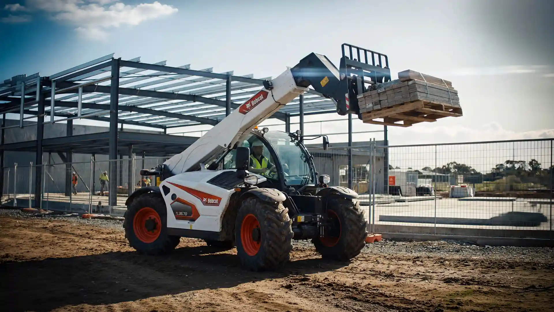 Bobcat TL35.70 construction telehandler lifting a pallet of timber on a commercial construction site in central Victoria