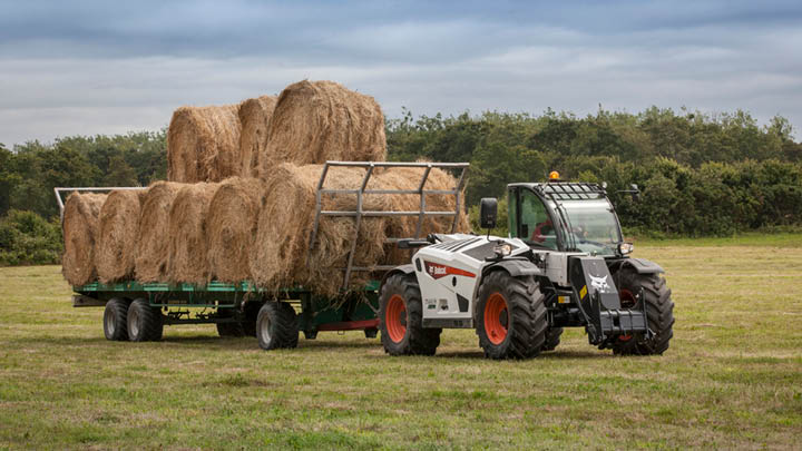 Bobcat TL35.70 agricultural telehandler towing trailer loaded with round hay bales in farm field