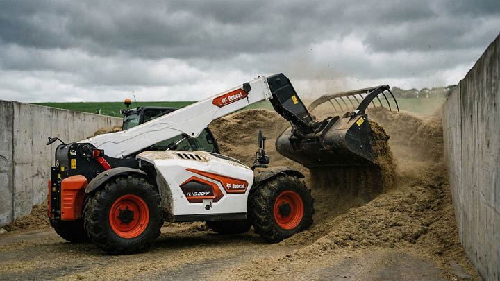 Bobcat TL43.80HF agricultural telehandler working silage in concrete bunker on Central Victorian dairy farm