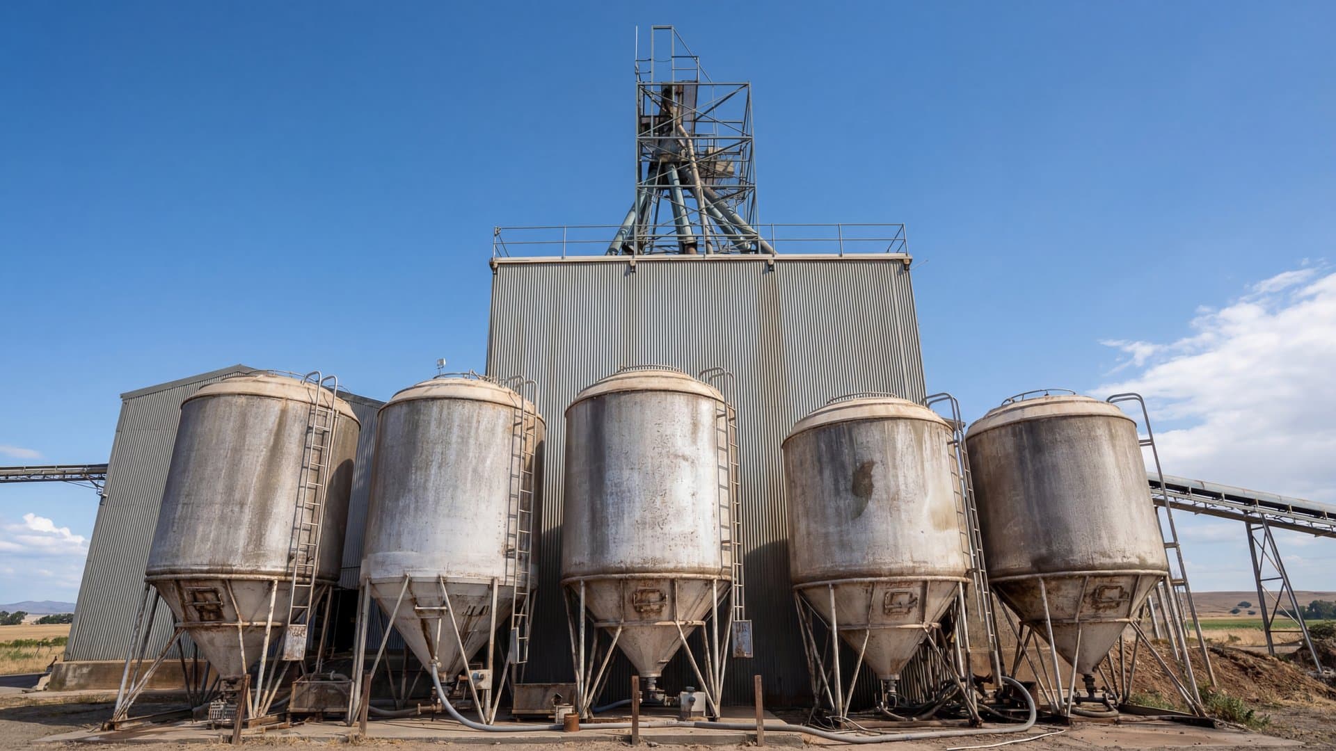 Feed mill grain silos and processing tower at an Australian cattle feedlot