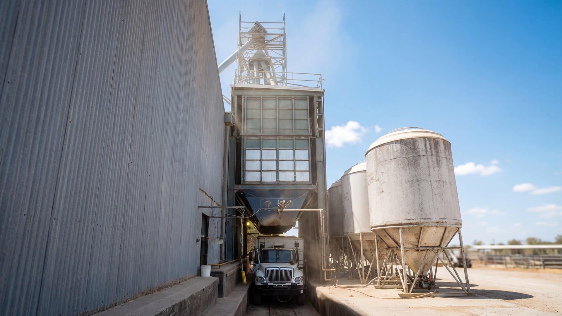 Truck being loaded under a grain processing tower at an Australian feedlot with silos