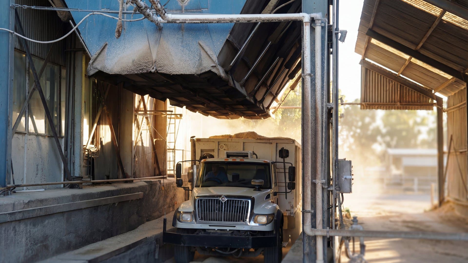 Truck at a covered loading bay at an Australian feedlot with dust and golden afternoon light