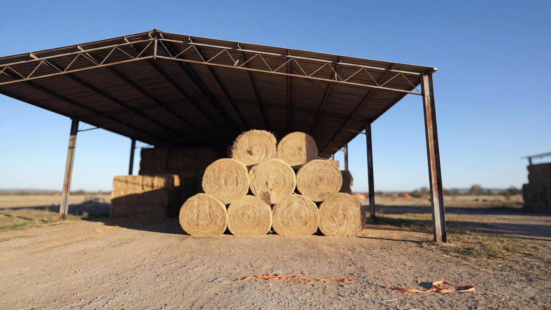 Round hay bales stacked under an open-sided steel shed at an Australian feedlot