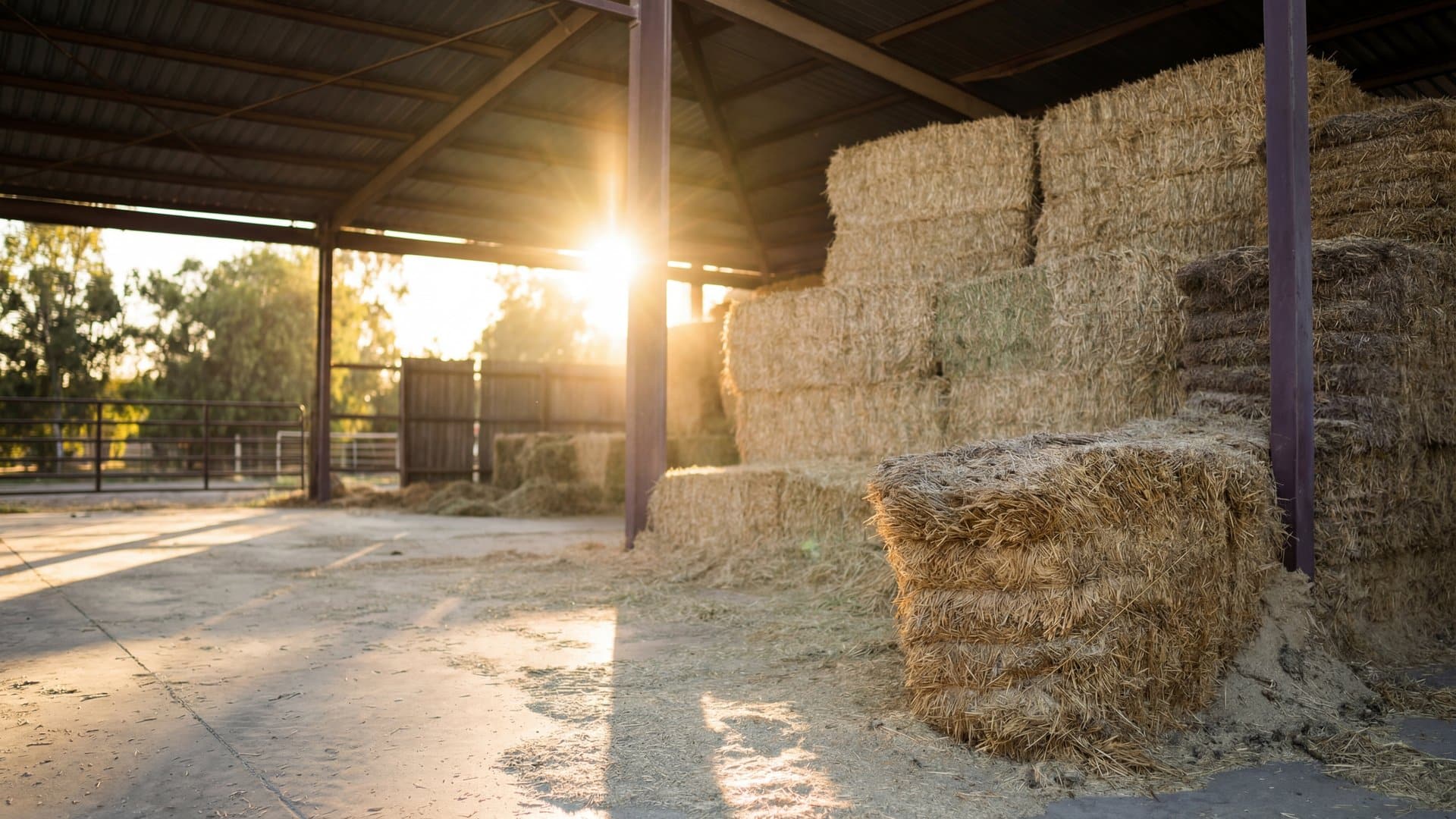 Square hay bales stacked inside a steel shed at sunset with sun flare through the structure